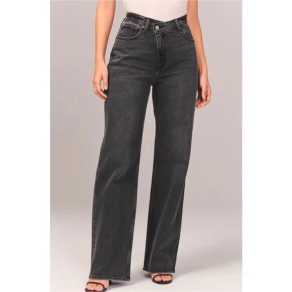Abercrombie Fitch Curve Love 90s Relaxed Jeans Woman 31 Black Criss Cross Waist - Picture 1 of 15